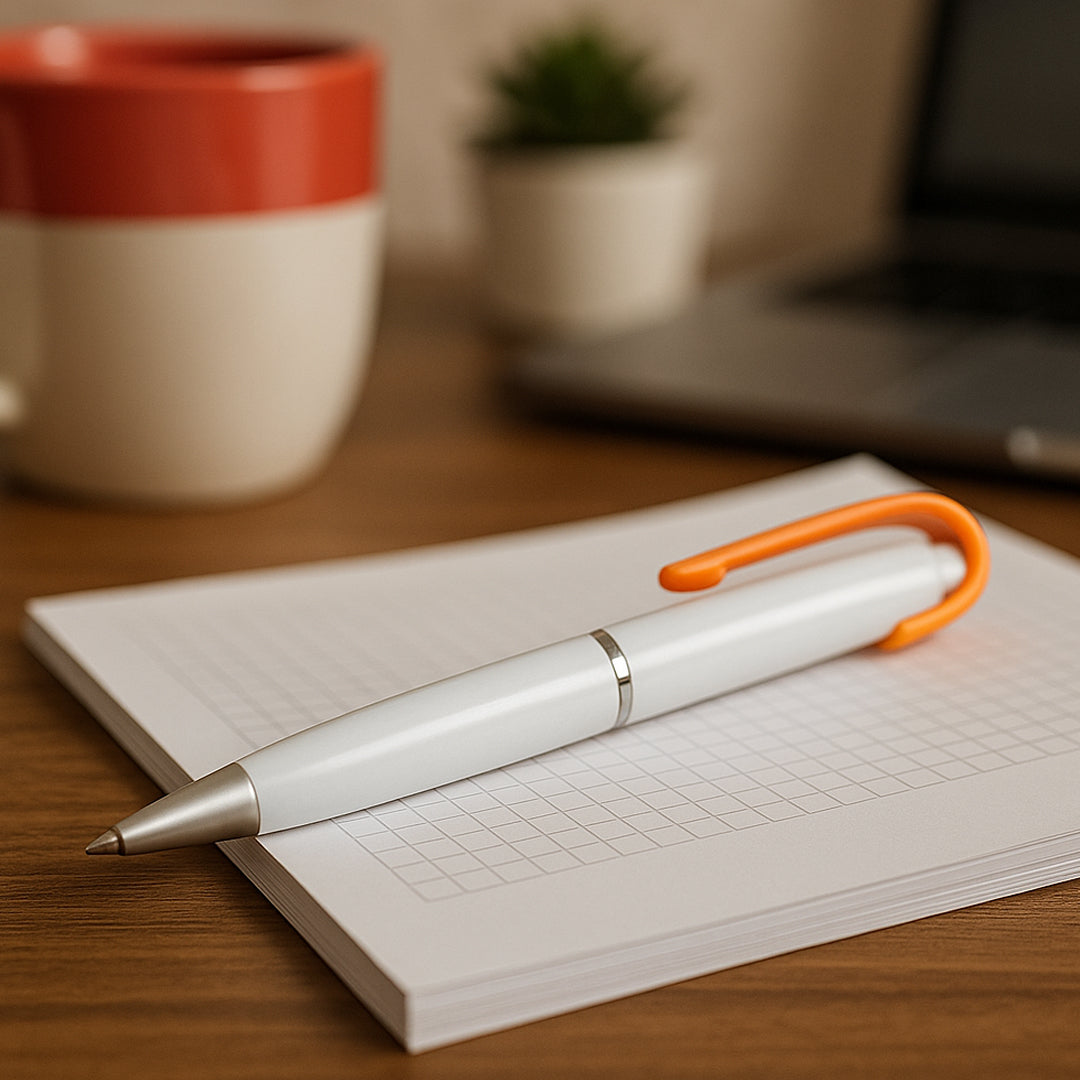 White pen with orange color edge and clip
