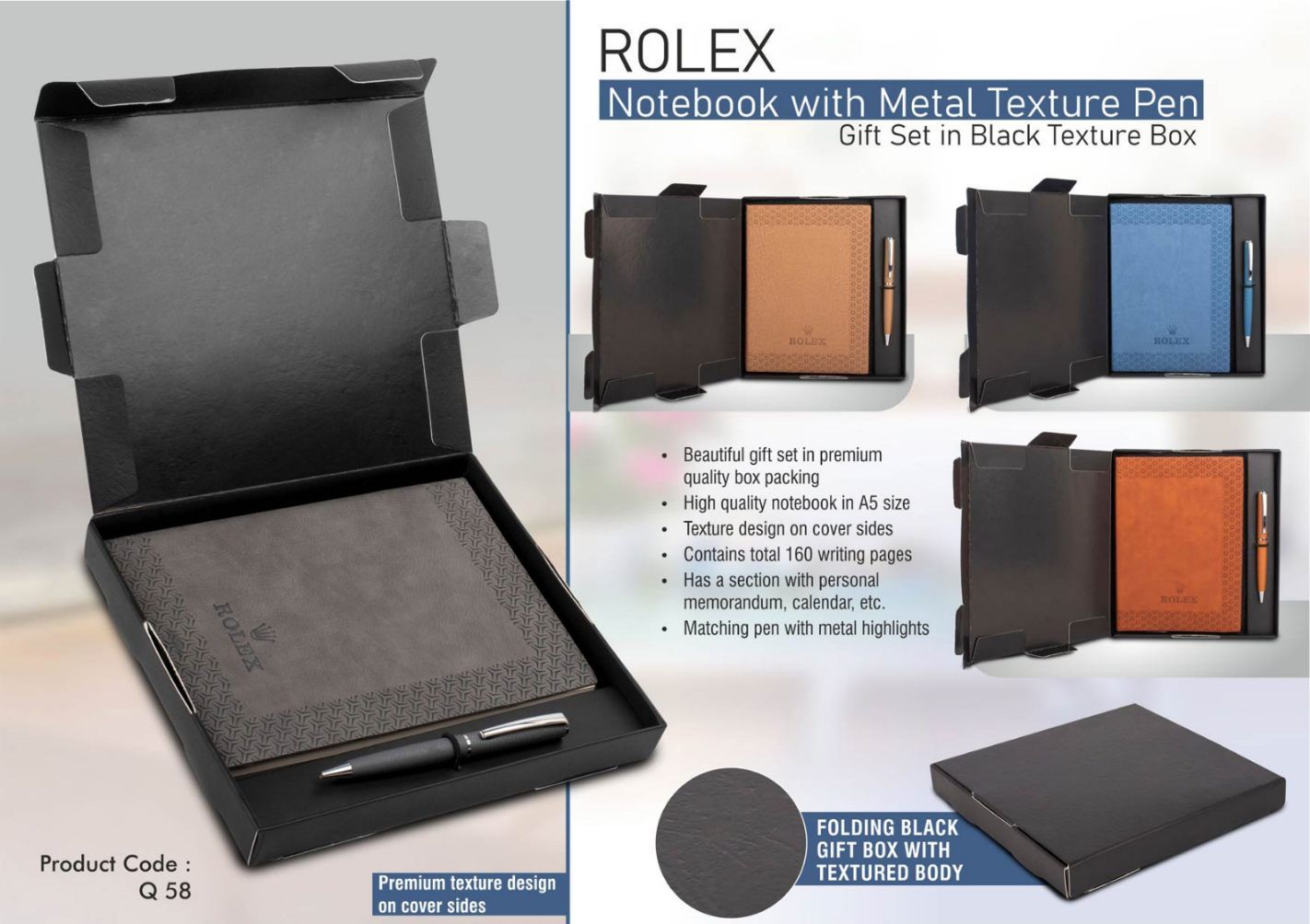 Rolex Notebook with Metal Texture Pen | Gift Set in Black Texture Box - Corporate Gift
