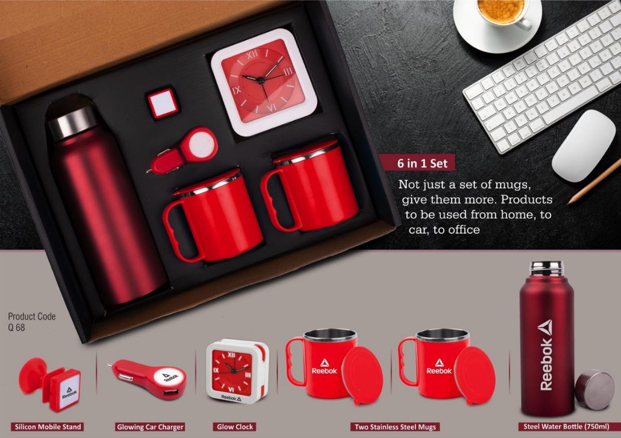 6-in-1 Gift Set: Steel Water Bottle, Silicon Mobile Stand, Glowing Car Charger, Glow Clock, Two Stainless Steel Mugs - View 2
