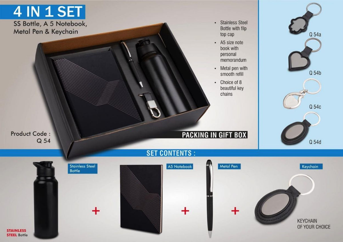 YuBingo 4-in-1 Stainless Steel Bottle, Metal Pen, Keychain, A5 Notebook Gift Set (Black) - Corporate Gift - image 2