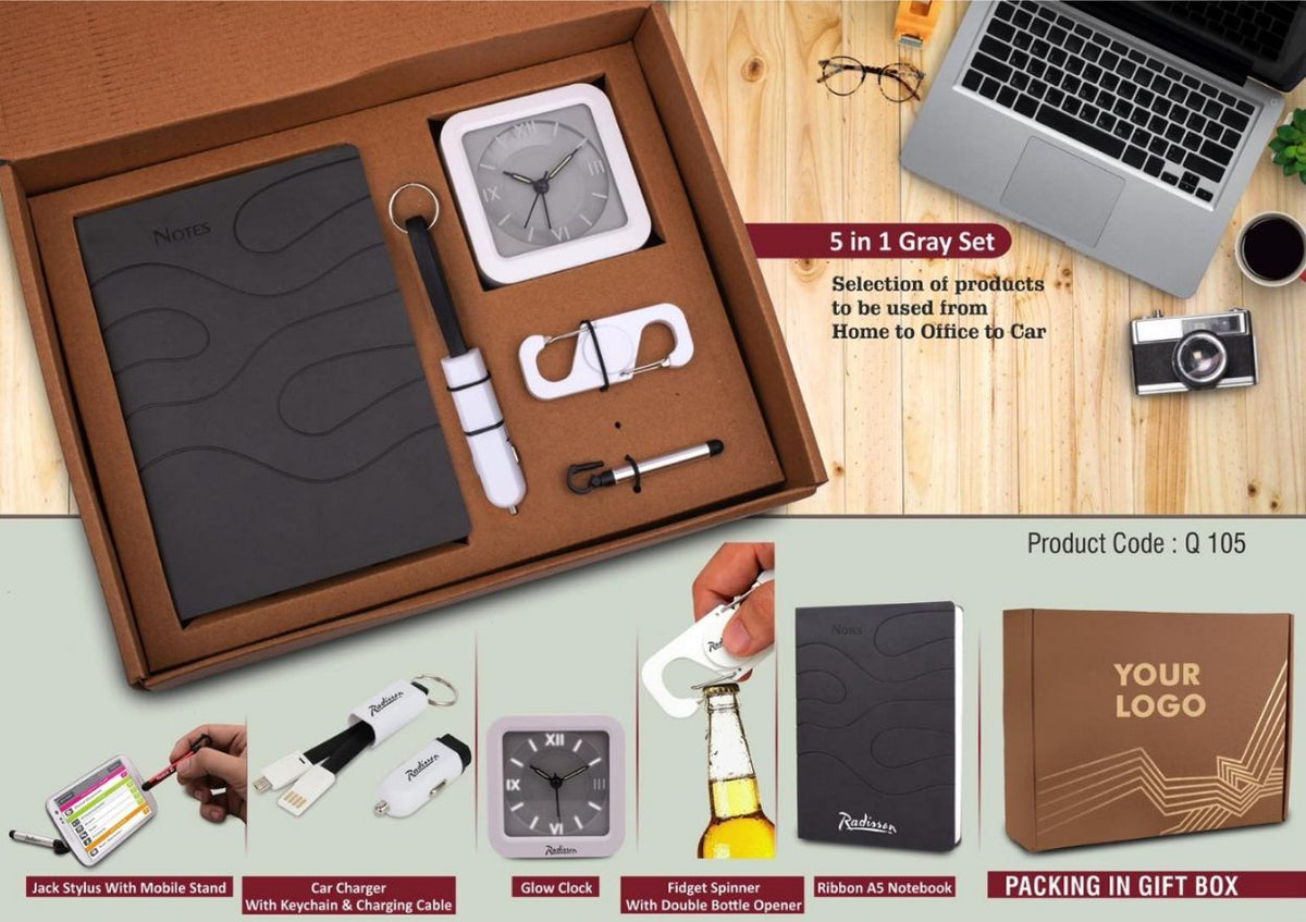 5 in 1 Gray Gift Set: Spinner with Bottle Opener, Keychain with Car Charger and Cable, Jack Stylus with Phone Stand, Glow Clock, A5 PU Notebook - View 2