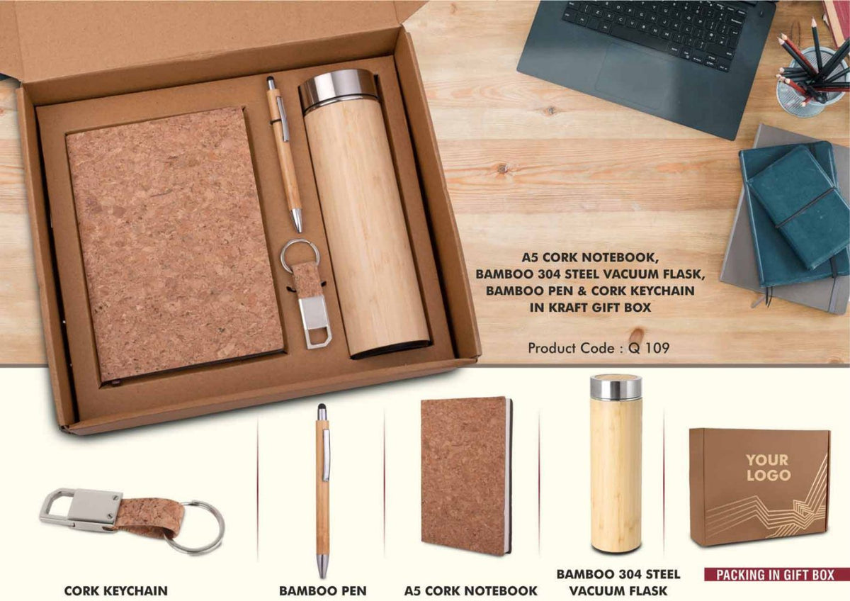 EcoSet 3: A5 Cork Notebook, Bamboo 304 Steel Vacuum Flask, Bamboo Pen, Cork Keychain - View 2