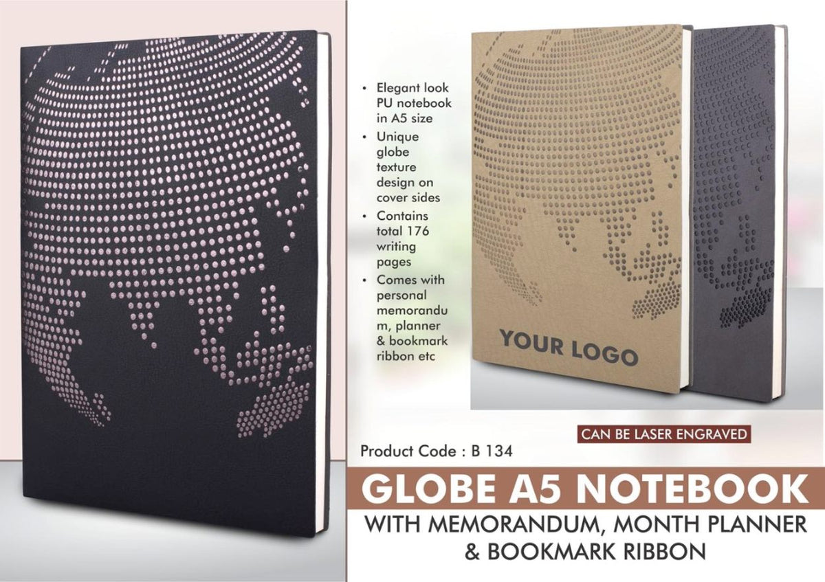 YuBingo Globe A5 Notebook with Memorandum, Month Planner & Bookmark Ribbon - Corporate Gift