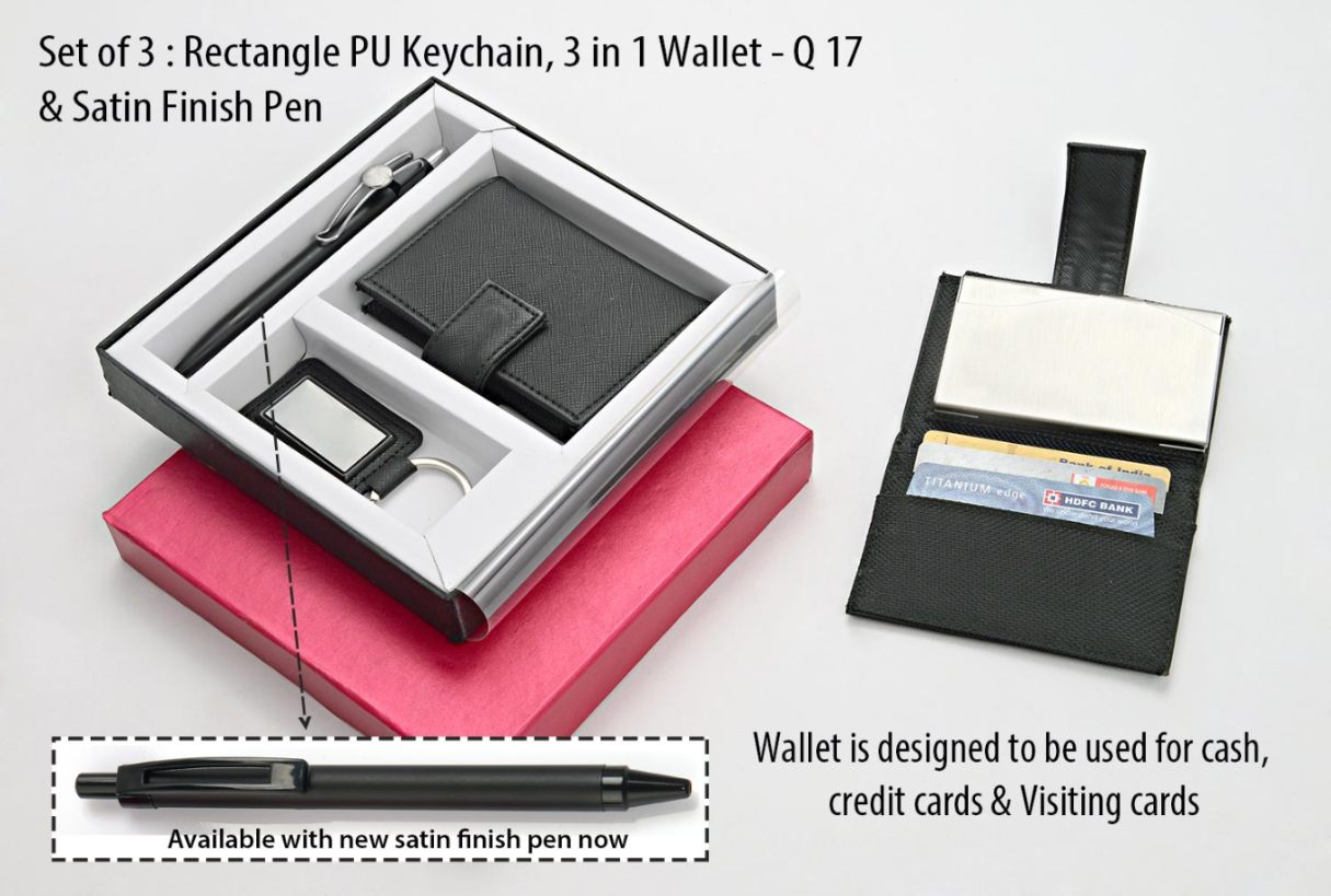 SKU-Q117 - 4 in 1 Dual Tone Gift Set: Rectangle Keychain, SS Colored Bottle, Metal Pen, A5 PU Notebook - Corporate Gift
