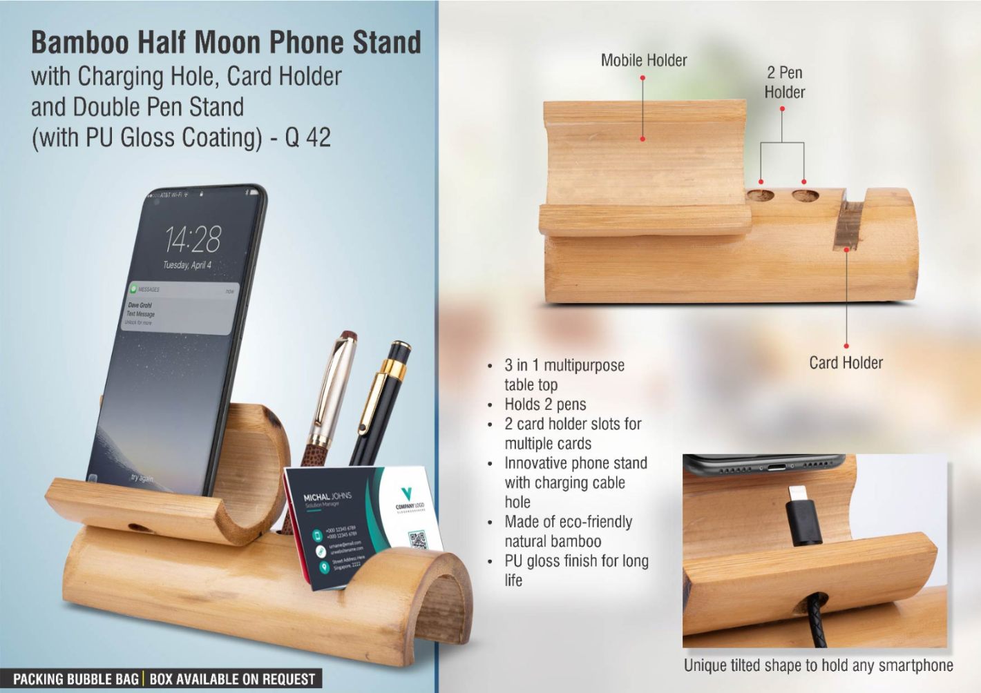 Bamboo Half Moon Phone Stand With Charging Hole, Card Holder And Double Pen Stand (With PU Gloss Coating) - Corporate Gift