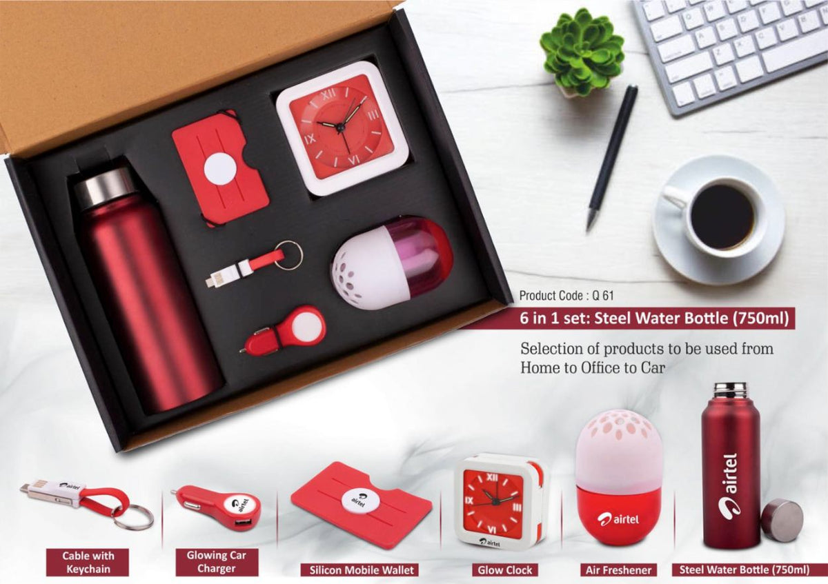 YuBingo 6 In 1 Set: Steel Water Bottle (750ml), Silicon Mobile Wallet, Charging Cable With Keychain, Glowing Car Charger, Glow Clock, Air Freshener -  - image 2