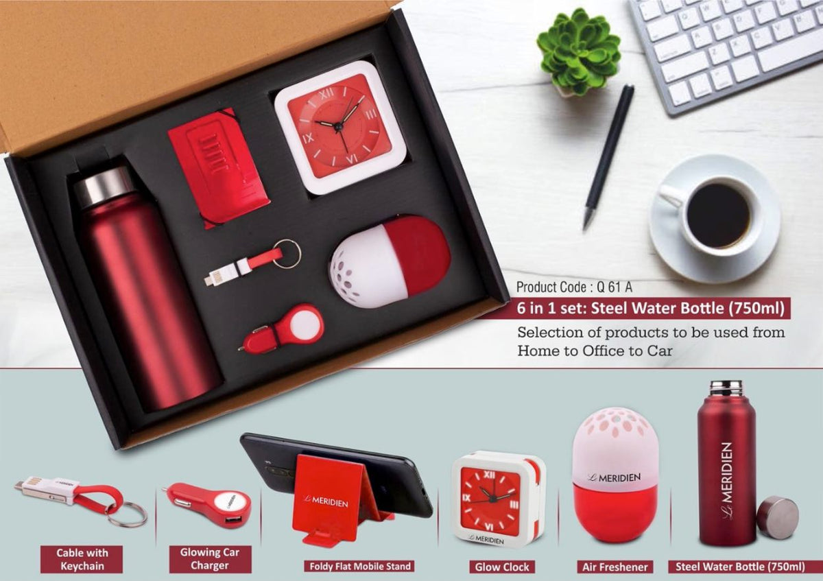 In 1 Set: Steel Water Bottle (750ml), Adjustable Mobile Stand, Charging Cable With Keychain, Glowing Car Charger, Glow Clock, Air Freshener - Corporate Gift