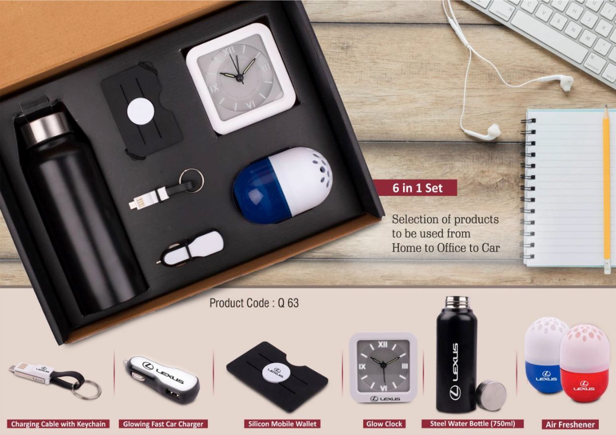 In 1 Set: Steel Water Bottle (750ml), Adjustable Mobile Stand, Jack Stylus With Mobile Stand, Glowing Fast Car Charger, Glow Clock, Air Freshener - Corporate Gift