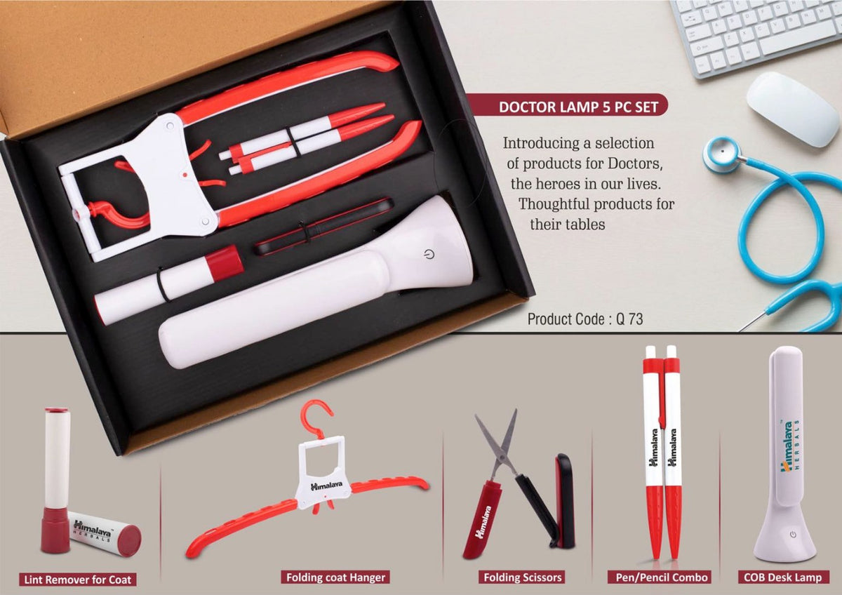 Q73-Doctor Lamp Set - Folding COB Desk Lamp, Coat Hanger, Lint Remover, Folding Scissors, Pen/Pencil Combo | 5 pc Set (Red) - View 2