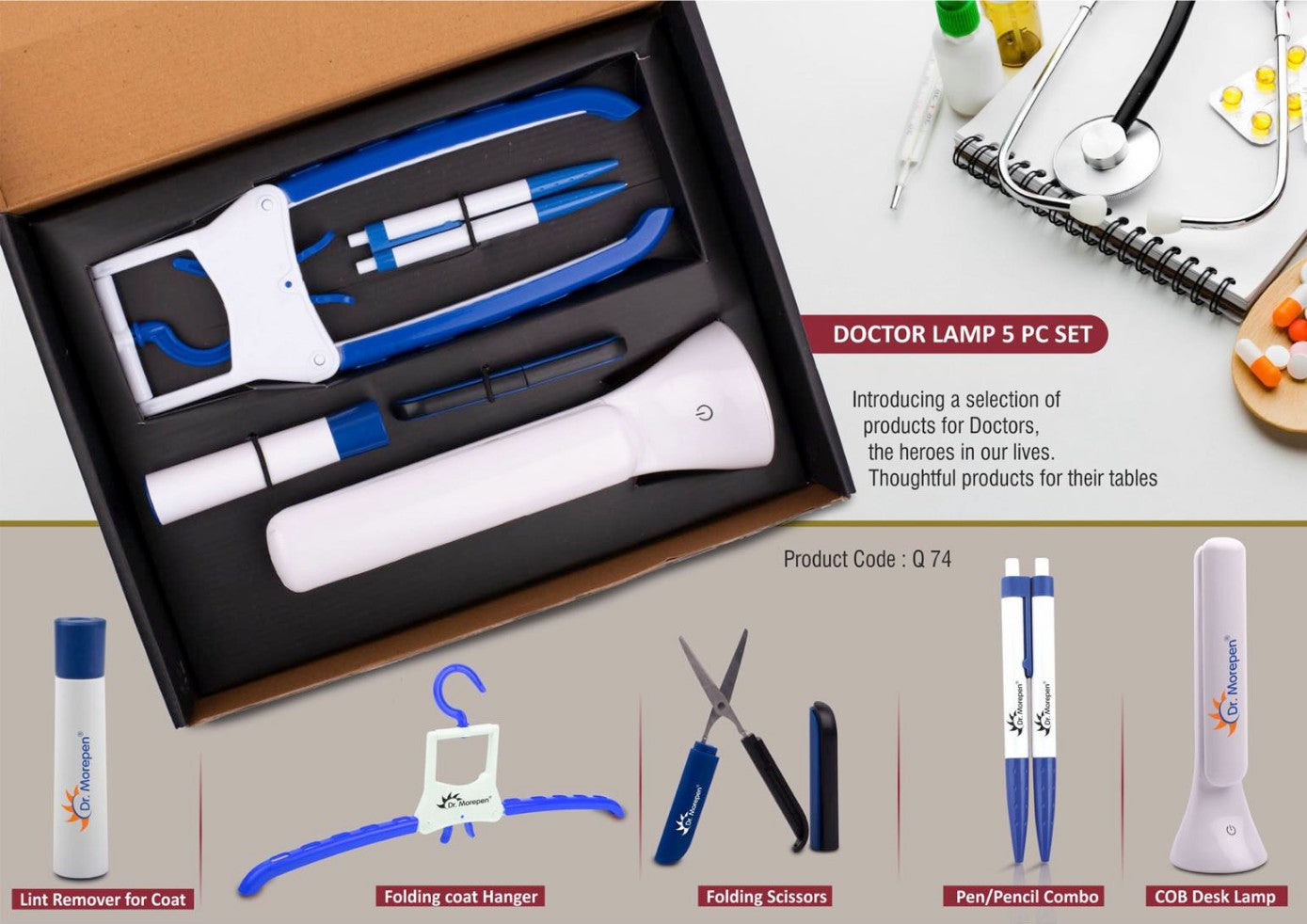 Doctor Lamp Set: Folding Coat Hanger, Lint Remover, Folding Scissors, Pen/Pencil Combo, COB Desk Lamp | 5 pc Set - Blue - Corporate Gift