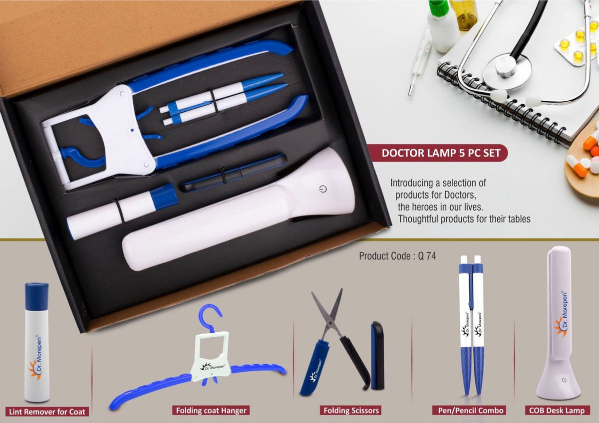 YuBingo Doctor Lamp Set: Folding Coat Hanger, Lint Remover, Folding Scissors, Pen/Pencil Combo, COB Desk Lamp | 5 Pc Set - Blue - Corporate Gift Set - image 2