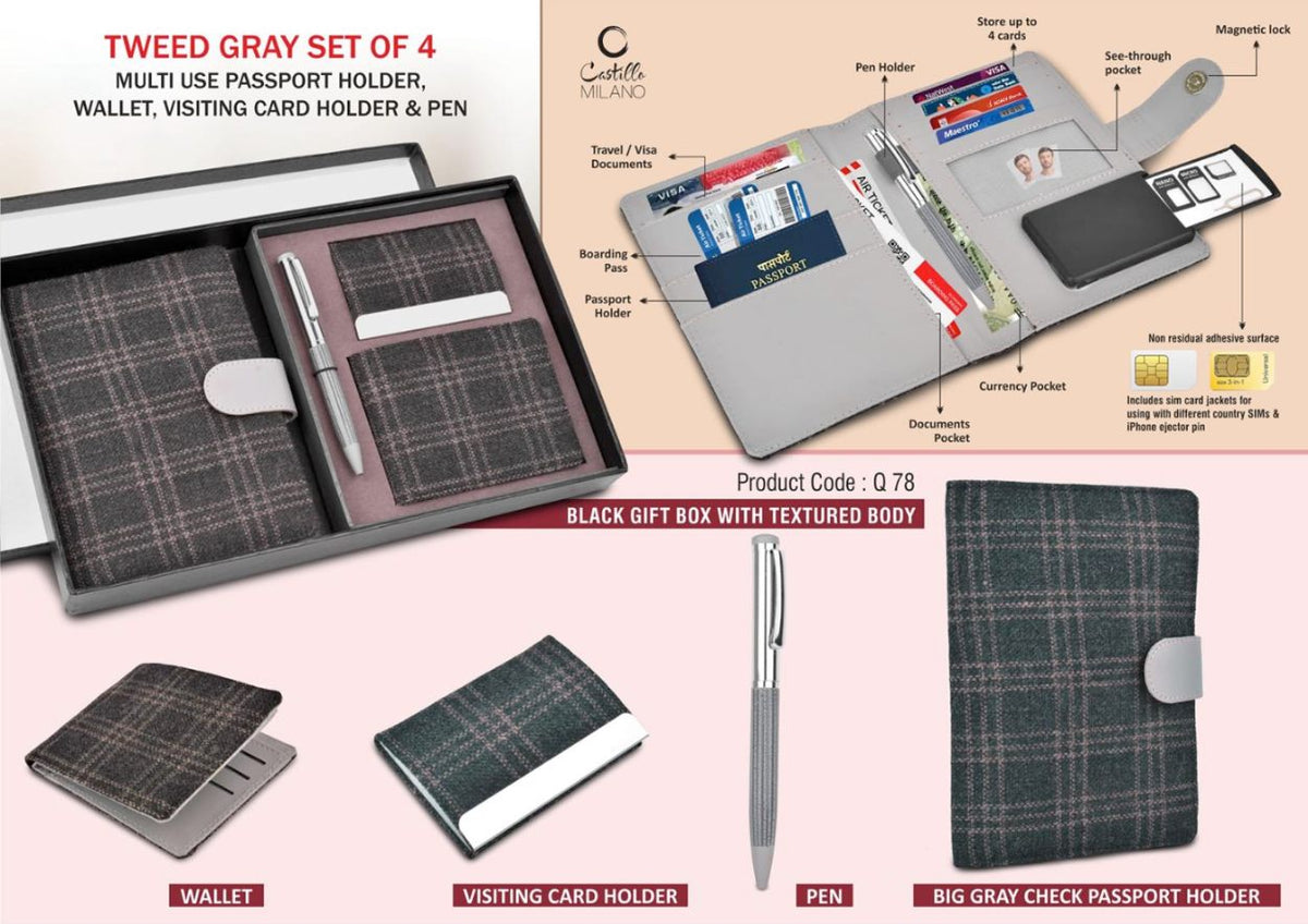 Tweed Gray 4-in-1 Gift Set | Passport Holder, Wallet, Card Holder & Pen - View 4