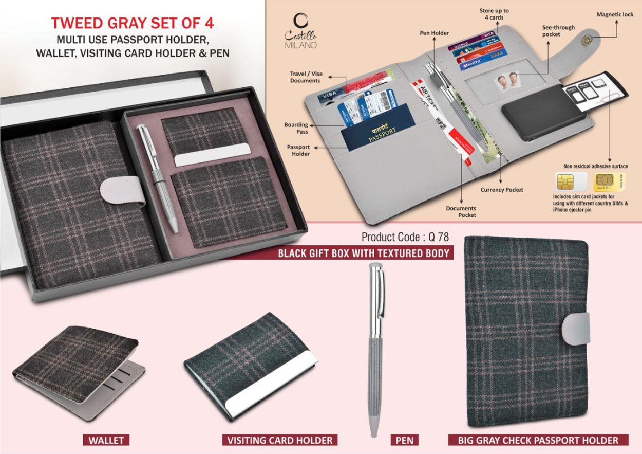Tweed Gray 4-in-1 Gift Set | Passport Holder, Wallet, Card Holder & Pen - View 4