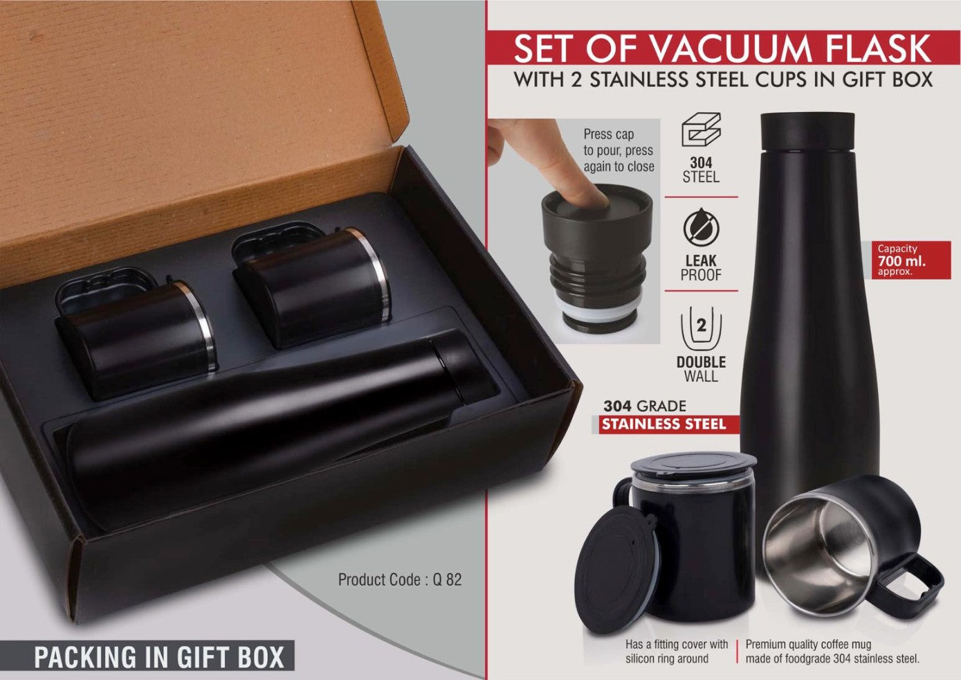 Vacuum Flask Gift Set with 2 Stainless Steel Cups in Gift Box - View 2