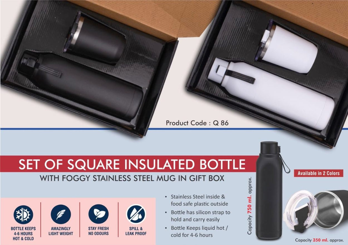 Set of Square Insulated Bottle with Foggy SS Mug - Black/White - Beautiful Gift Set for Corporate and Promotional Gifts - Corporate Gift