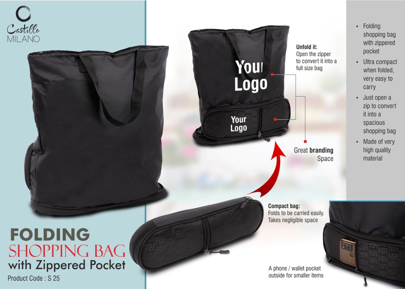 YuBingo Folding Shopping Bag With Zippered Pocket - Phone/Wallet Pocket Outside - Corporate Gift | YuBingo corporate gift