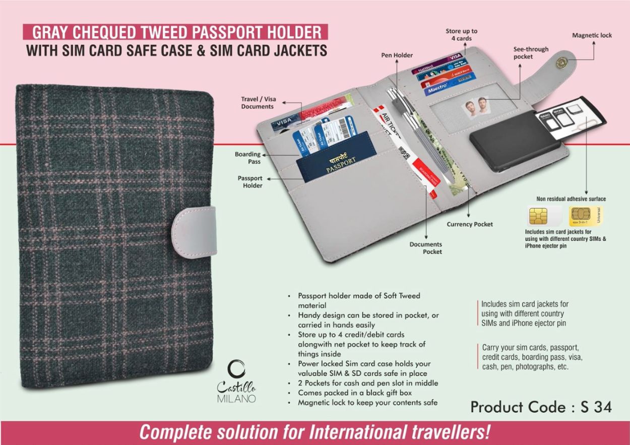 YuBingo Gray Chequed Tweed Passport Holder With SIM Card Safe Case & SIM Card Jackets - Corporate Gift | Product image 3