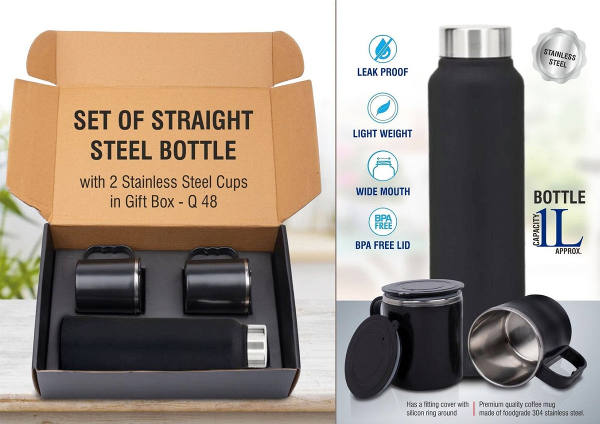 Black Stainless Steel Bottle with 2 Cups Gift Set - View 3