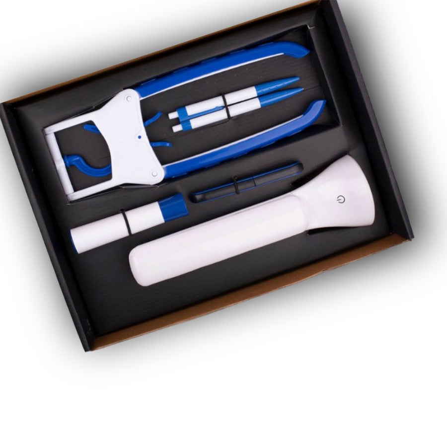 YuBingo Doctor Lamp Set: Folding Coat Hanger, Lint Remover, Folding Scissors, Pen/Pencil Combo, COB Desk Lamp | 5 Pc Set - Blue - Corporate Gift Set - product image