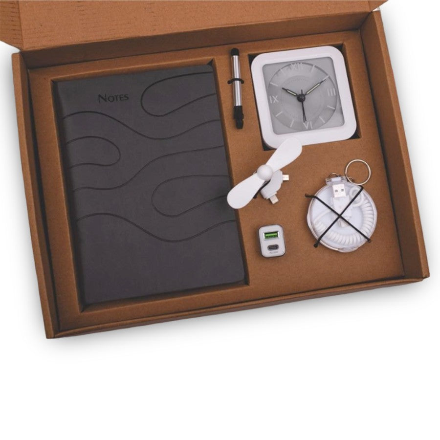 YuBingo 6-in-1 Gray Gift Set - Mobile Fan, All In 1 Cable, Car Charger, Stylus With Phone Stand, Glow Clock, A5 PU Notebook - Corporate Gift - product image