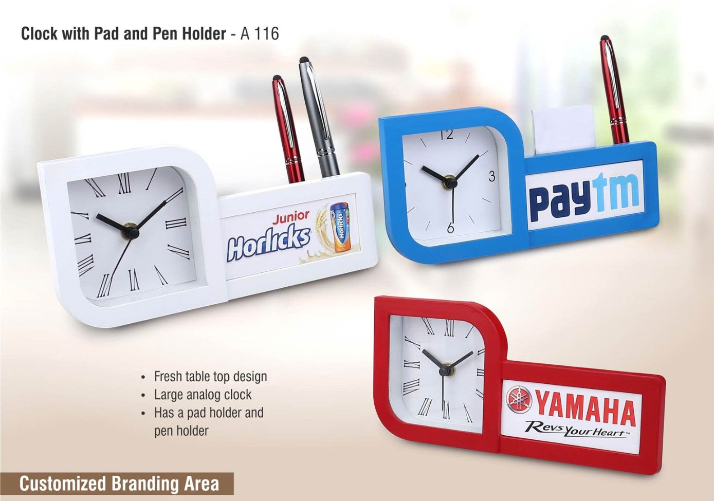 YuBingo Clock With Pad And Pen Holder | Custom Branding Ready | Table Clock - Corporate Gift | Product image 2