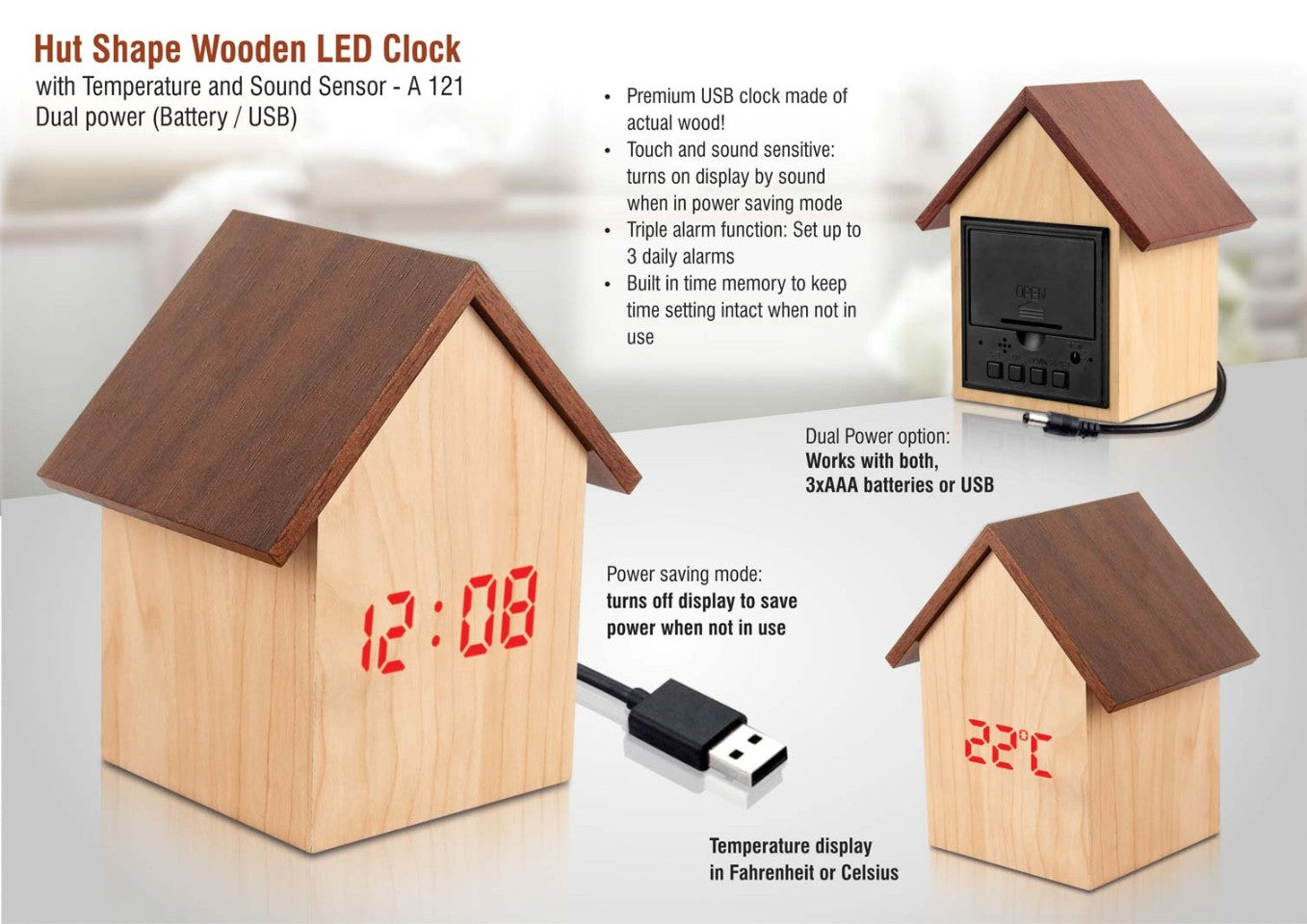 YuBingo Hut Shape Wooden LED Clock With Temperature And Sound Sensor - Corporate Gift | Product image 2