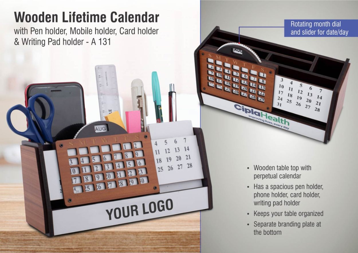 YuBingo Wooden Lifetime Calendar With Pen Holder, Mobile Holder, Card Holder, And Writing Pad Holder | Custom Branding... - Corporate Gift | Product image 2