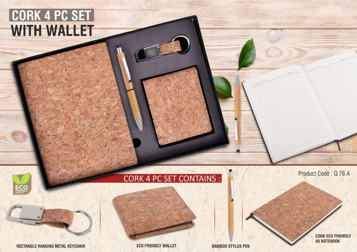 SKU-Q76a - Cork 4 pc Gift Set: Cork Notebook with Wallet, Bamboo Pen, and Keychain - View 2