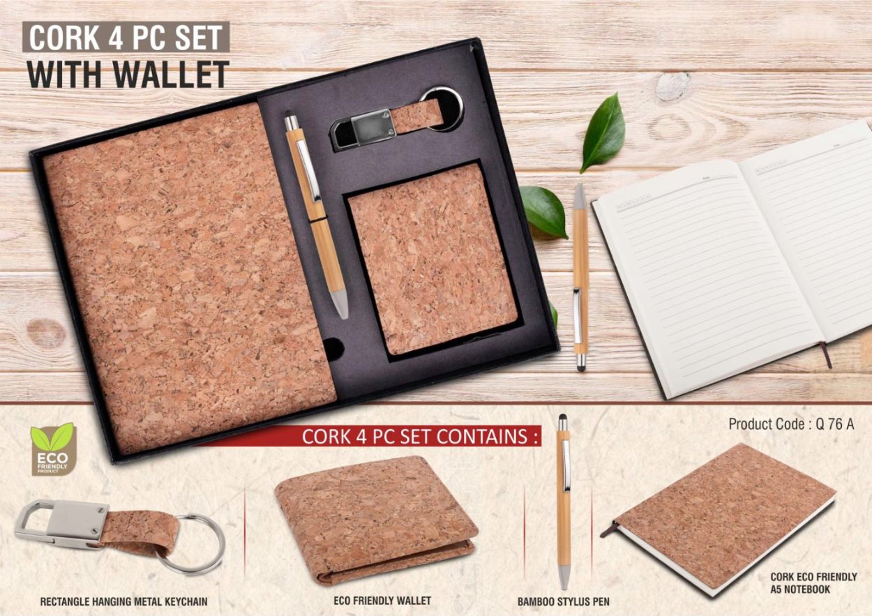 SKU-Q76a - Cork 4 pc Gift Set: Cork Notebook with Wallet, Bamboo Pen, and Keychain - Corporate Gift