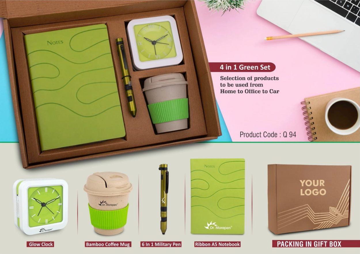 SKU-Q94 - 4 in 1 Green Set: Bamboo Coffee Mug, 6 in 1 Military Pen, Glow Clock, A5 PU Notebook in Kraft Gift Box - View 4