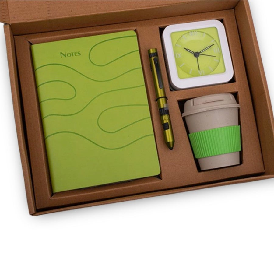 YuBingo 4 In 1 Green Set: Bamboo Coffee Mug, 6 In 1 Military Pen, Glow Clock, A5 PU Notebook In Kraft Gift Box - Corporate Gift Set - product image