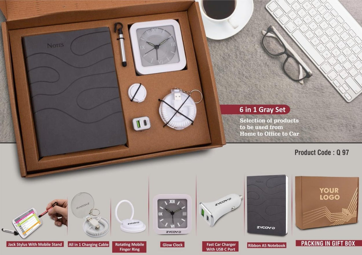 SKU-Q97 - 6 in 1 Gray Gift Set: Mobile Finger Ring, All in 1 Cable, Dual USB Car Charger, Stylus with Phone Stand, Glow Clock, A5 PU Notebook - View 2