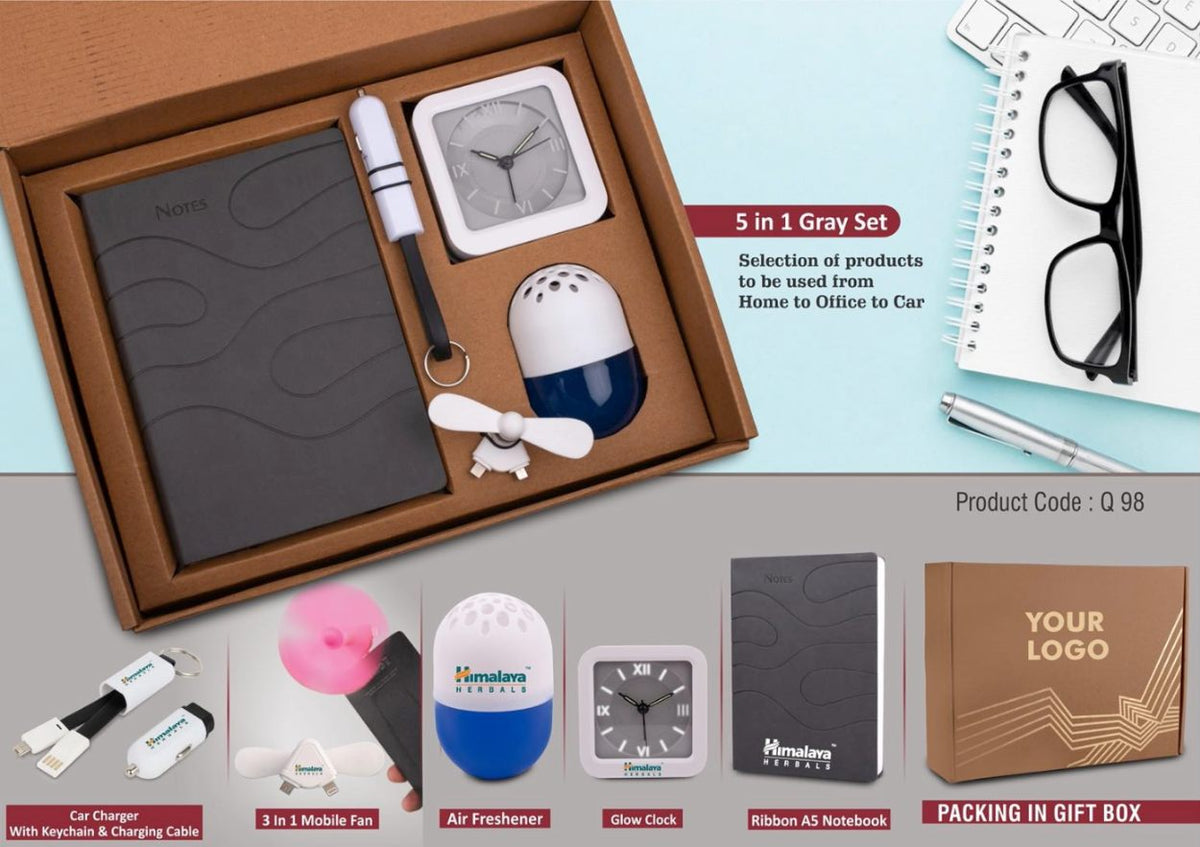 YuBingo 5 In 1 Gray Gift Set: Mobile Fan, Keychain, Air Freshener, Glow Clock, A5 PU Notebook - Corporate Gift - image 3