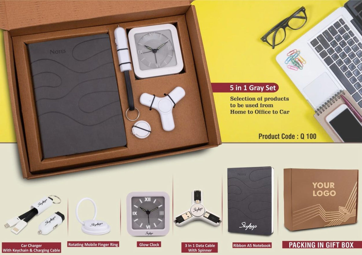 SKU-Q100 - 5 in 1 Gray Gift Set: Mobile Finger Ring, Keychain, Spinner, Glow Clock, A5 PU Notebook - View 2