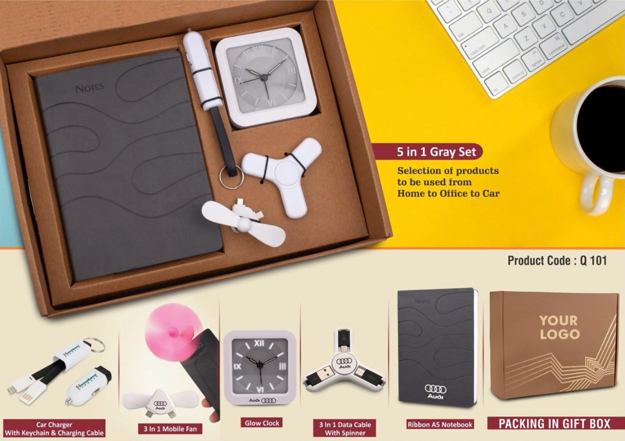 YuBingo 5 In 1 Gray Gift Set: Mobile Fan, Keychain, Spinner, Glow Clock, A5 PU Notebook - Corporate Gift - image 2
