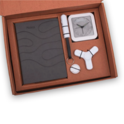 SKU-Q100 - 5 in 1 Gray Gift Set: Mobile Finger Ring, Keychain, Spinner, Glow Clock, A5 PU Notebook - Corporate Gift