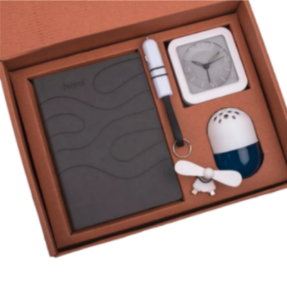 SKU-Q98 - 5 in 1 Gray Gift Set: Mobile Fan, Keychain, Air Freshener, Glow Clock, A5 PU Notebook - Corporate Gift
