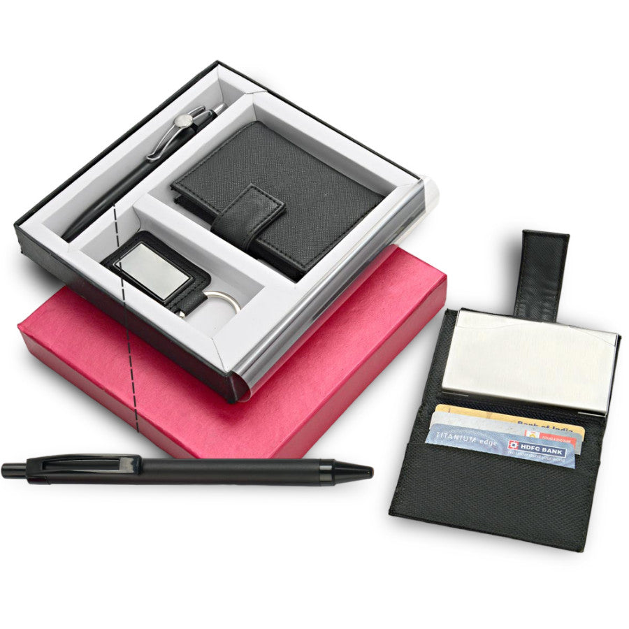 SKU-Q117 - 4 in 1 Dual Tone Gift Set: Rectangle Keychain, SS Colored Bottle, Metal Pen, A5 PU Notebook - Corporate Gift