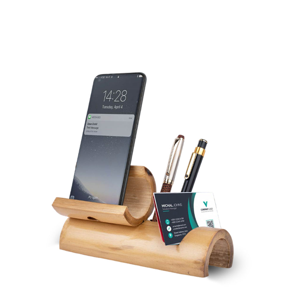 Bamboo Half Moon Phone Stand With Charging Hole, Card Holder And Double Pen Stand (With PU Gloss Coating) - Corporate Gift
