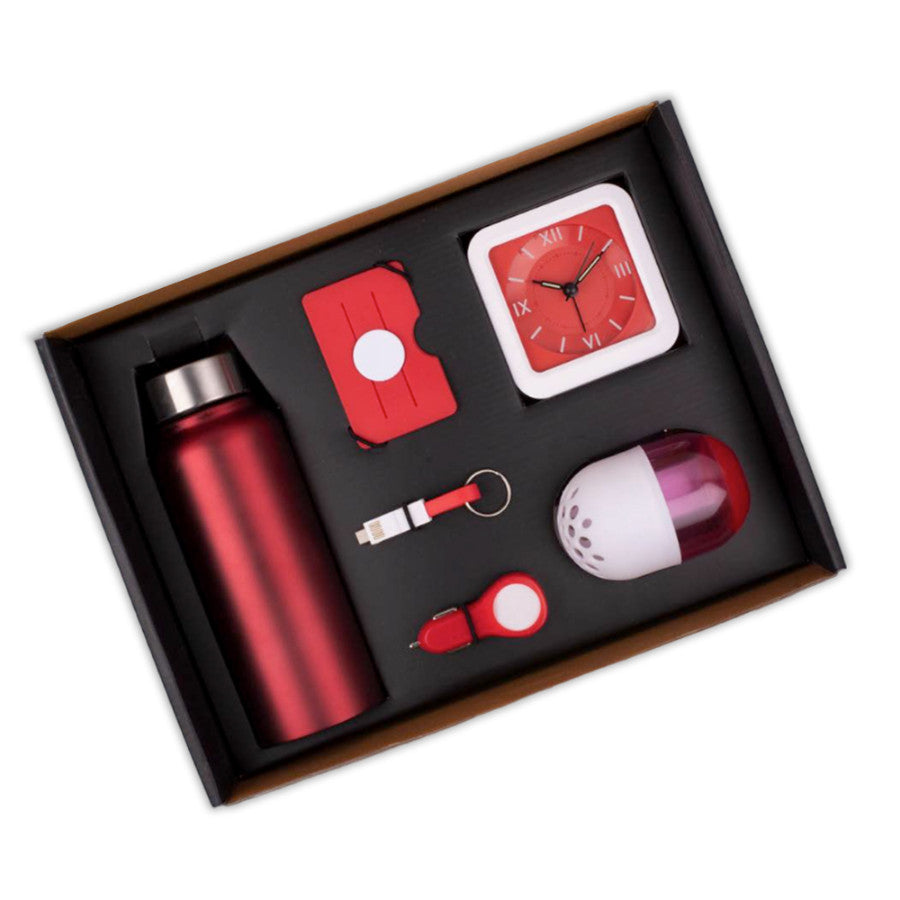 In 1 Set: Steel Water Bottle (750ml), Silicon Mobile Wallet, Charging Cable With Keychain, Glowing Car Charger, Glow Clock, Air Freshener - Corporate Gift