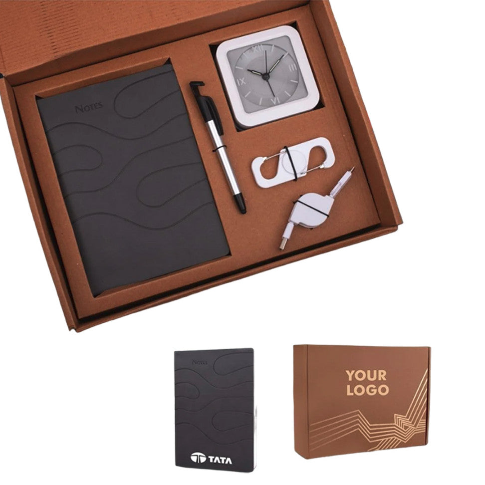 SKU: Q102- 5 in 1 Gray Gift Set: Expandable Data Cable, Spinner with Bottle Opener, 4 in 1 Pen, Glow Clock, A5 PU Notebook - Corporate Gift