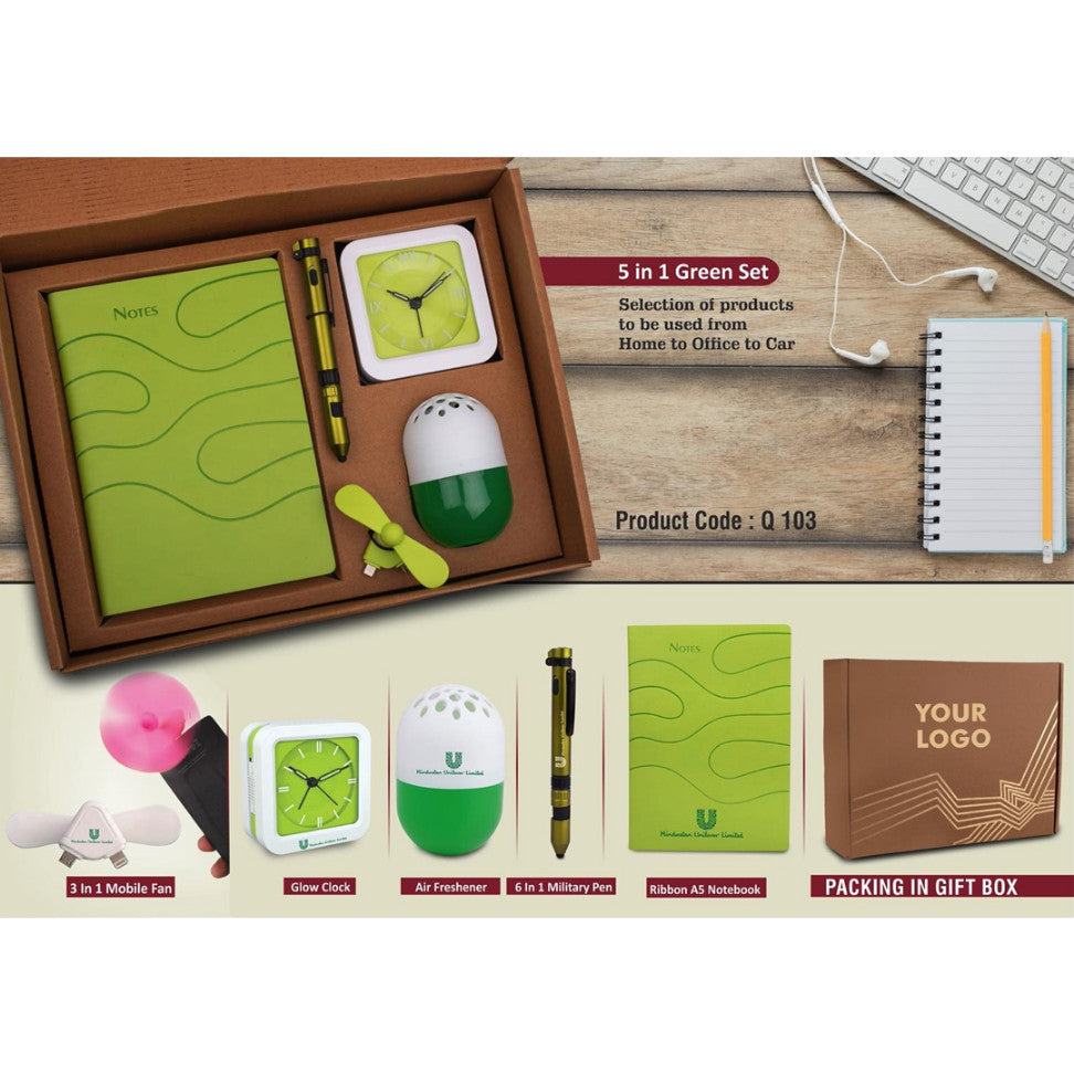 YuBingo 5 In 1 Green Gift Set: Air Freshener, Mobile Fan, 6 In 1 Military Pen, Glow Clock, A5 PU Notebook - Corporate Gift - image 2