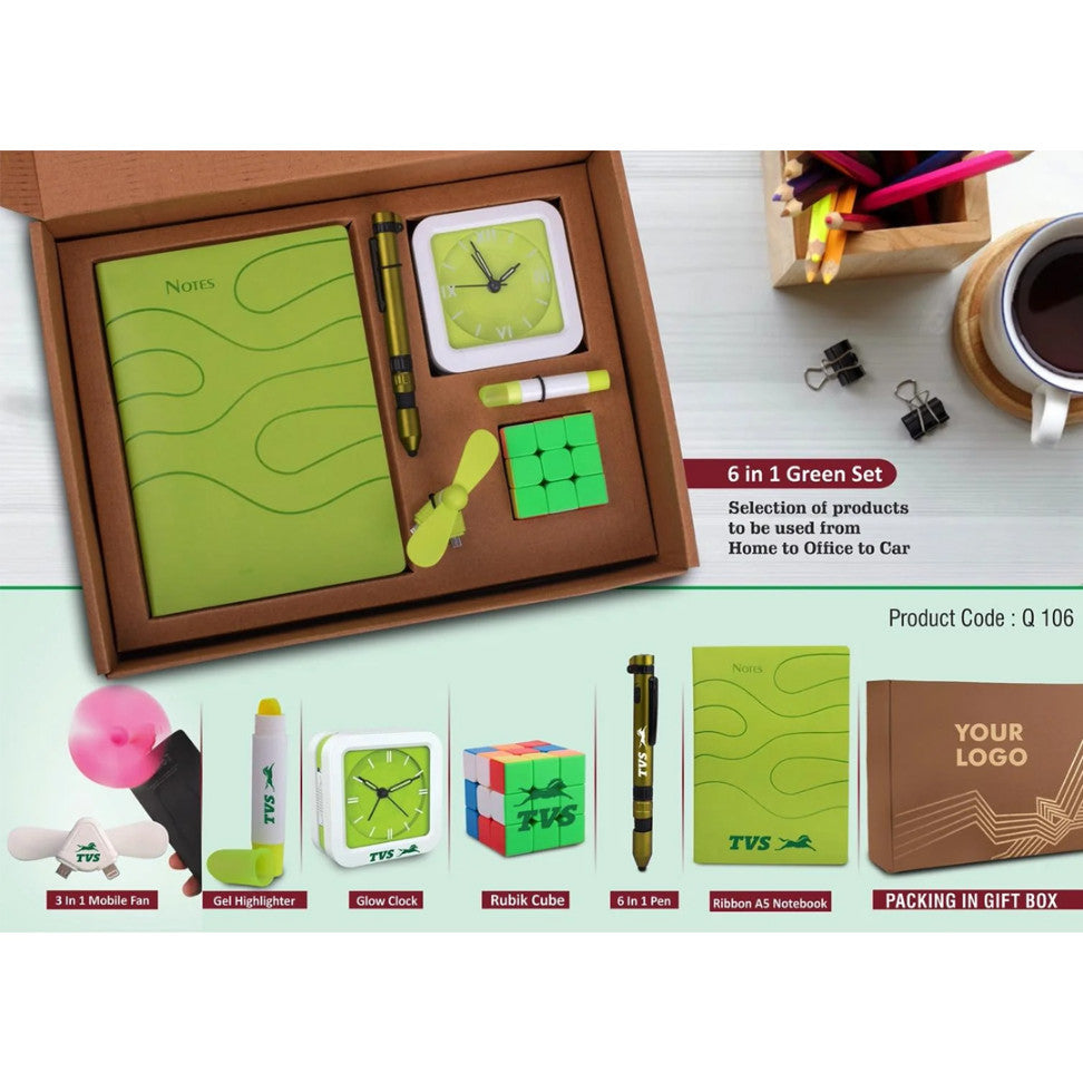 YuBingo 6 In 1 Green Gift Set: Rubik's Cube, Gel Highlighter, Mobile Fan, 6 In 1 Military Pen, Glow Clock, A5 PU Notebook - Corporate Gift - image 2