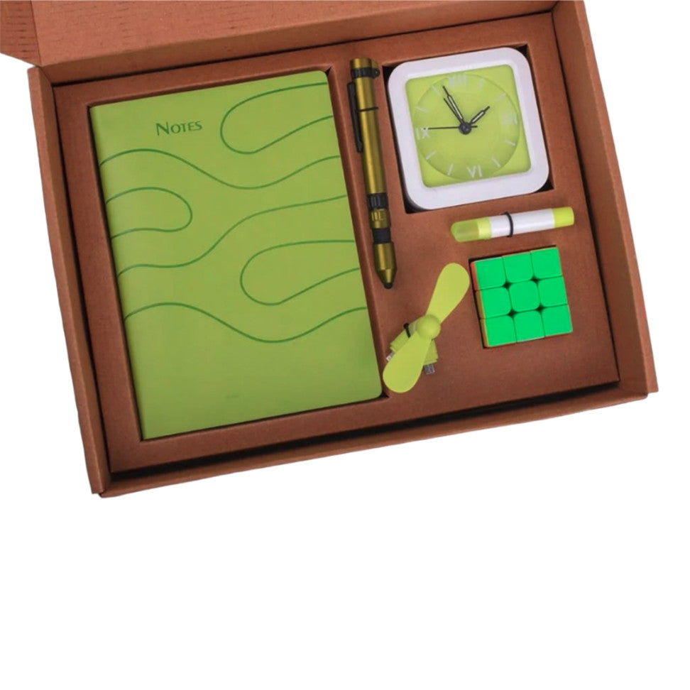 YuBingo 6 In 1 Green Gift Set: Rubik's Cube, Gel Highlighter, Mobile Fan, 6 In 1 Military Pen, Glow Clock, A5 PU Notebook - Corporate Gift - product image