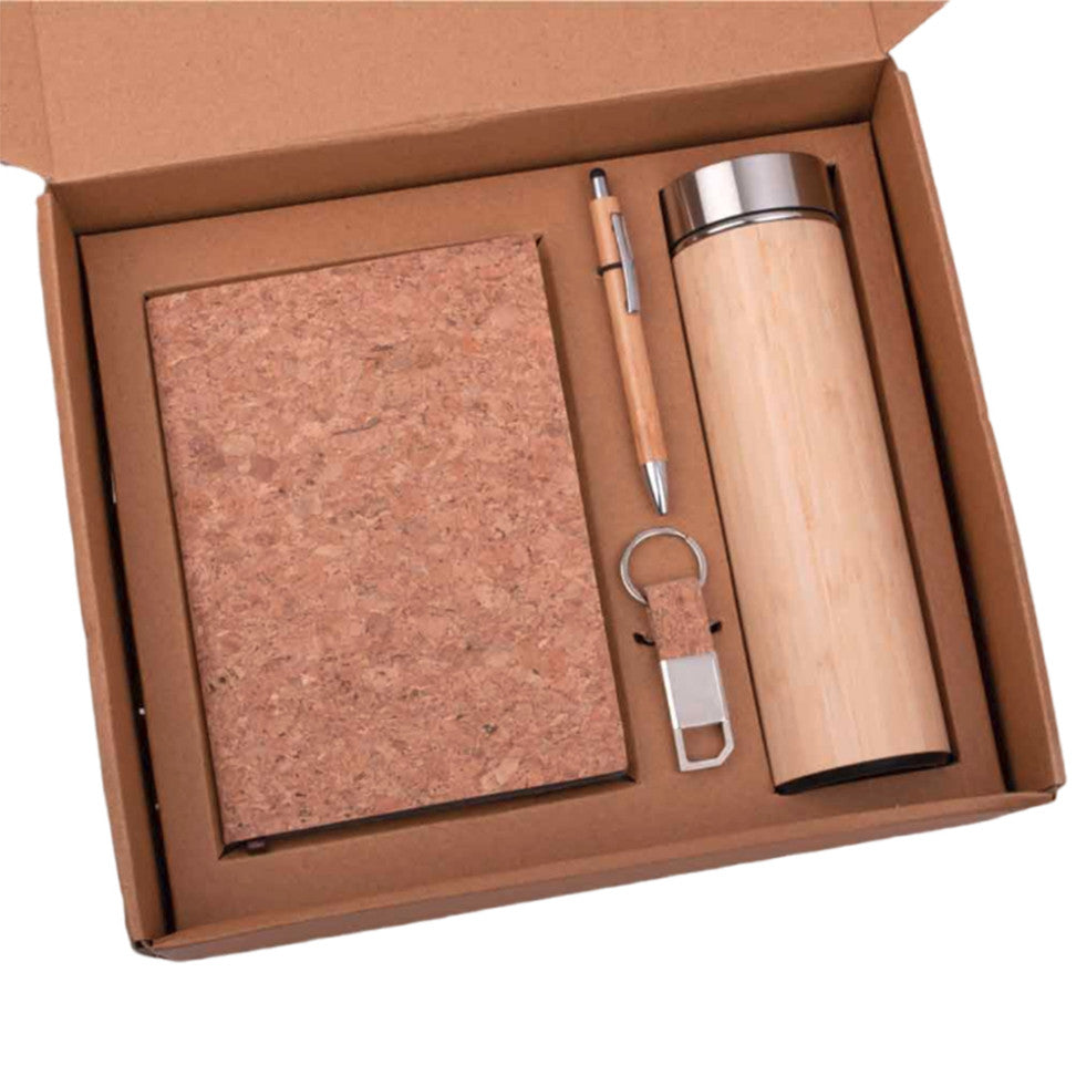 EcoSet 3: A5 Cork Notebook, Bamboo 304 Steel Vacuum Flask, Bamboo Pen, Cork Keychain - Corporate Gift