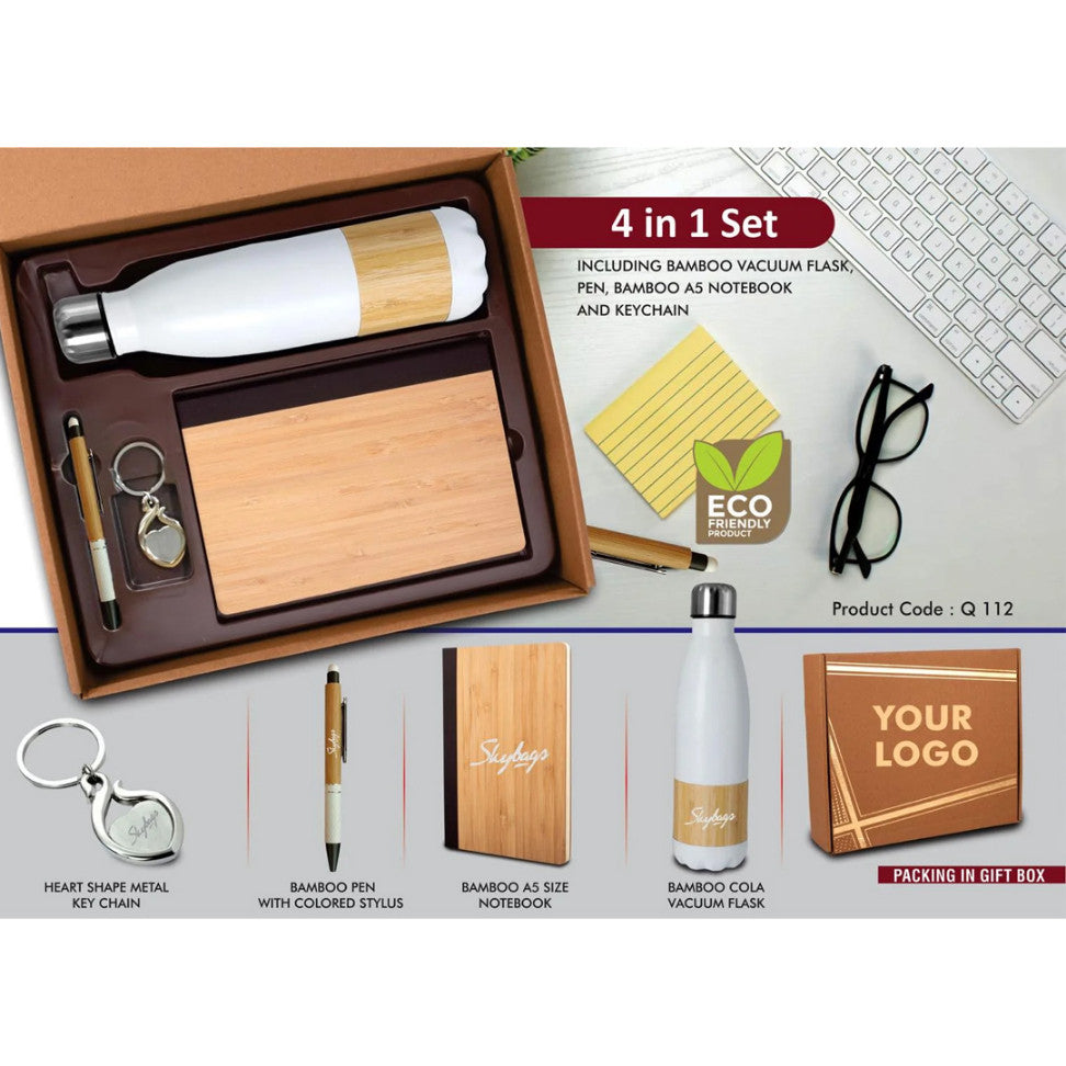 4 in 1 Bamboo Set: Keychain, Bamboo Vacuum Flask, Bamboo Pen, A5 Bamboo Cover Notebook - View 2