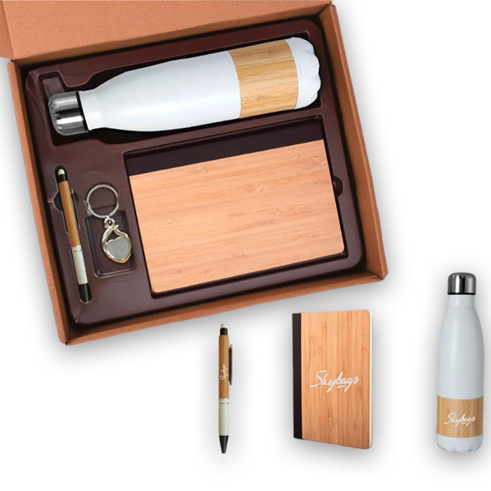 YuBingo 4 In 1 Bamboo Set: Keychain, Bamboo Vacuum Flask, Bamboo Pen, A5 Bamboo Cover Notebook - Corporate Gift Set - product image