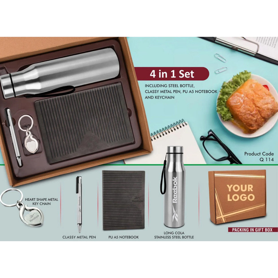 YuBingo 4 In 1 Gray Set: Metal Keychain, SS Bottle, Metal Pen, A5 PU Notebook - Corporate Gift Set - image 2