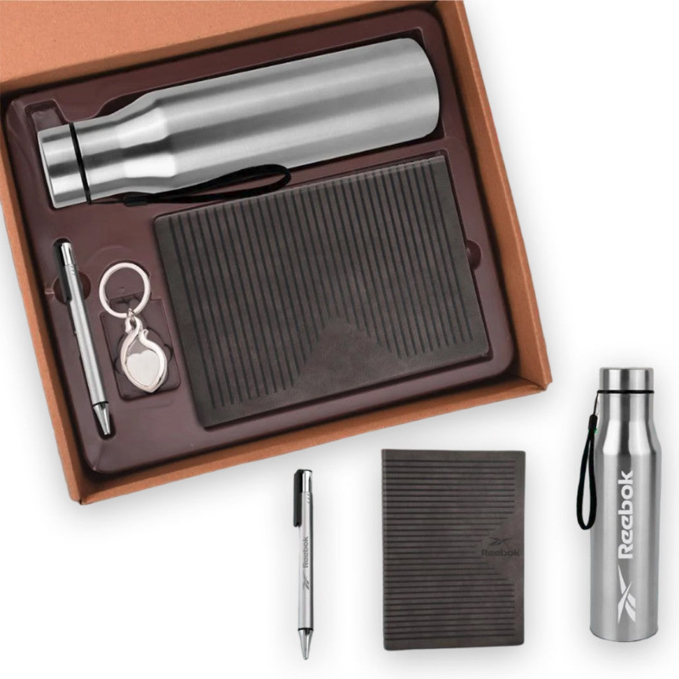 4 in 1 Gray Set: Metal Keychain, SS Bottle, Metal Pen, A5 PU Notebook - Corporate Gift