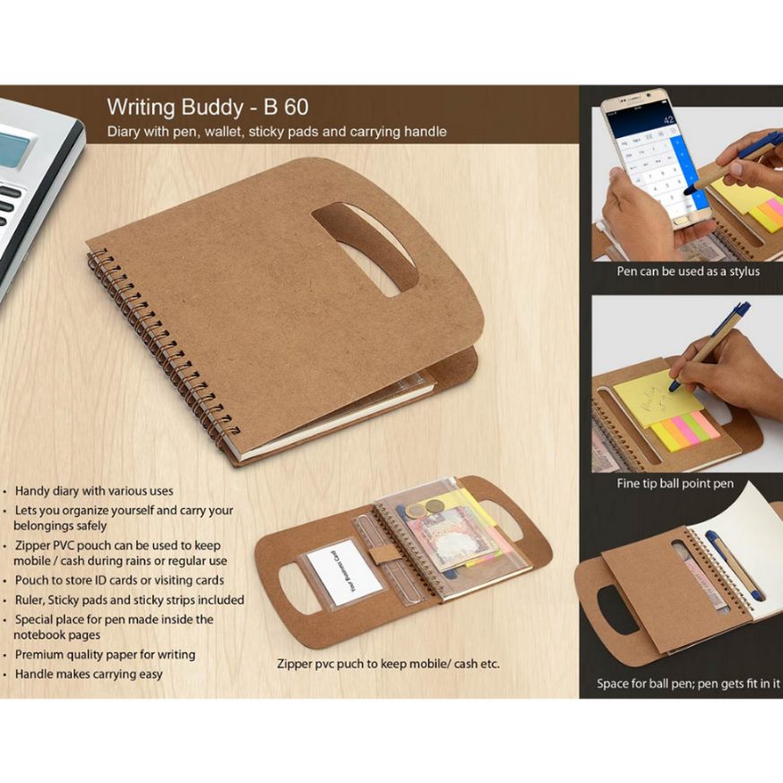 YuBingo Writing Buddy: Diary with Pen, Wallet, Sticky Pads, and Carrying Handle (Brown) - Corporate Gift